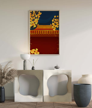 Traditionelles asiatisches Dach mit goldenem Laub auf dunklem Abendhimmel