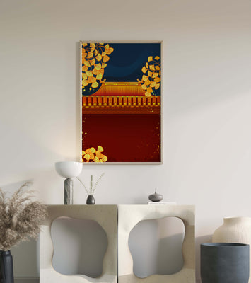 Traditional Asian rooftop with golden foliage on a dark evening sky background