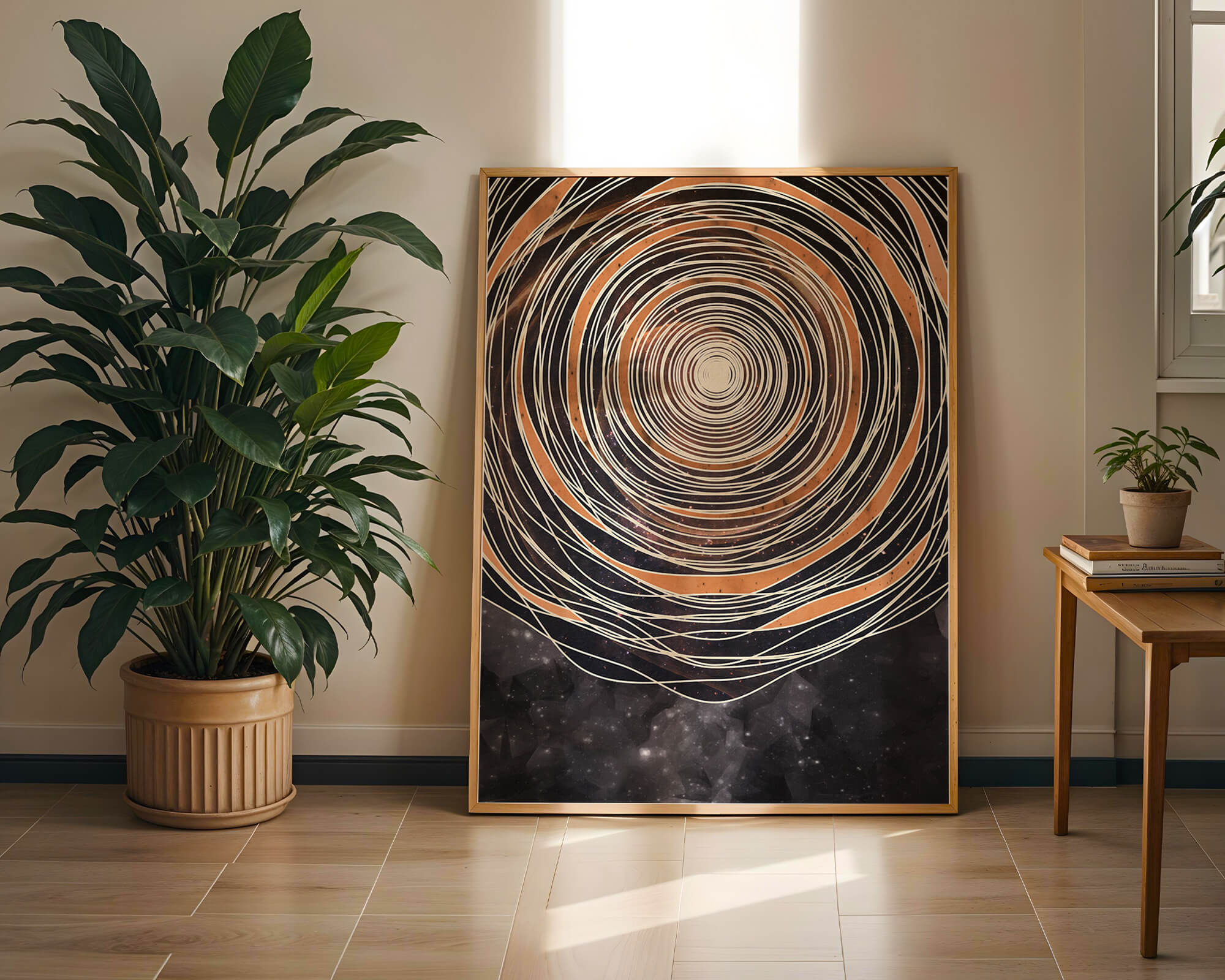 Abstract cosmic spiral with concentric oval patterns and starry background