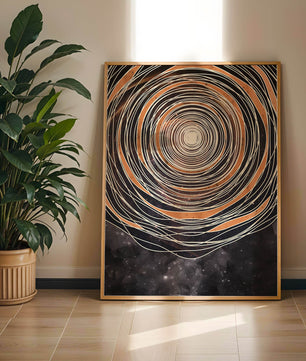 Espiral cósmica abstracta con patrones ovalados concéntricos y fondo estrellado