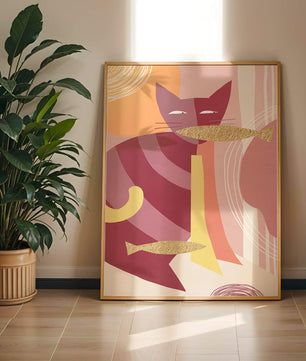 Abstract cat artwork with gold accents and colorful patterns