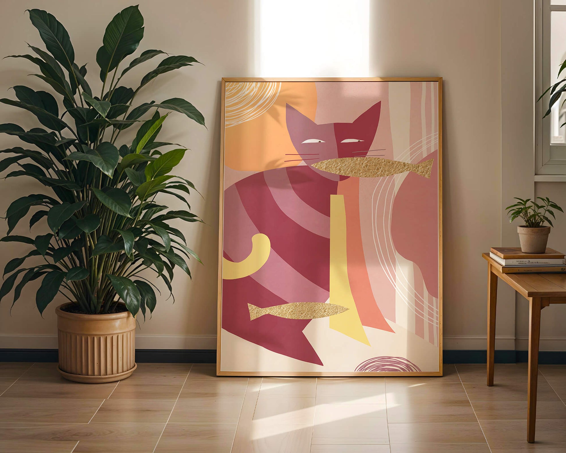Abstract cat artwork with gold accents and colorful patterns