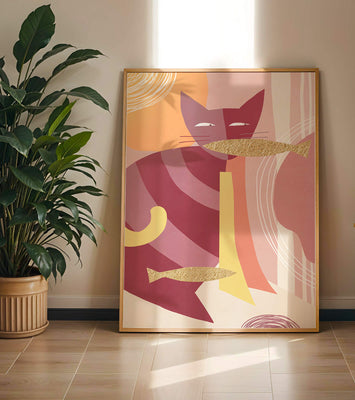 Abstract cat artwork with gold accents and colorful patterns