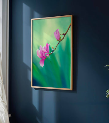 Serene illustration of magnolia flowers with a small figure in a hat