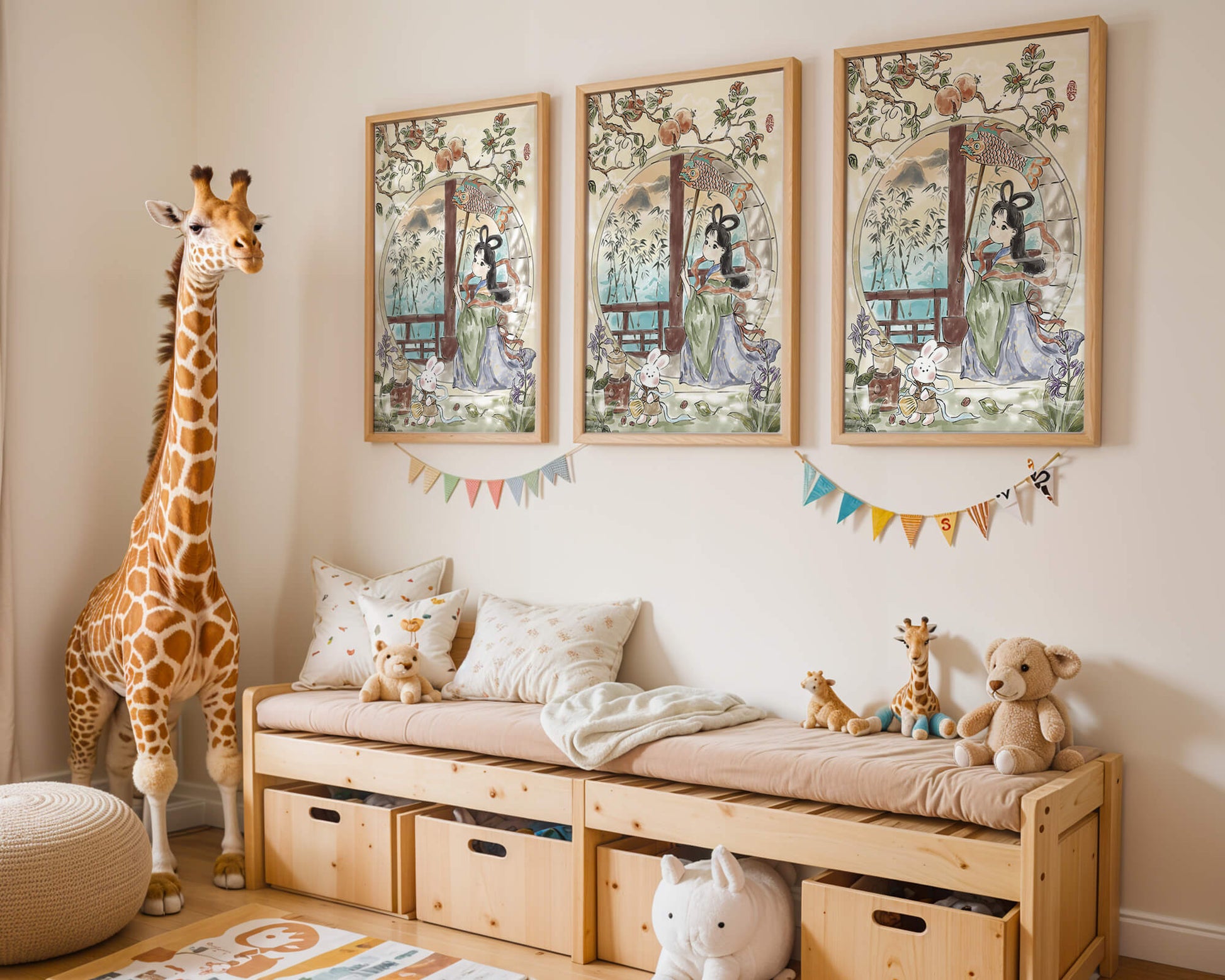 Escena de jardín tranquilo con una niña y un conejo