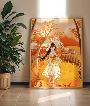 Illustration of a Girl in a Yellow Dress in Autumn Scenery