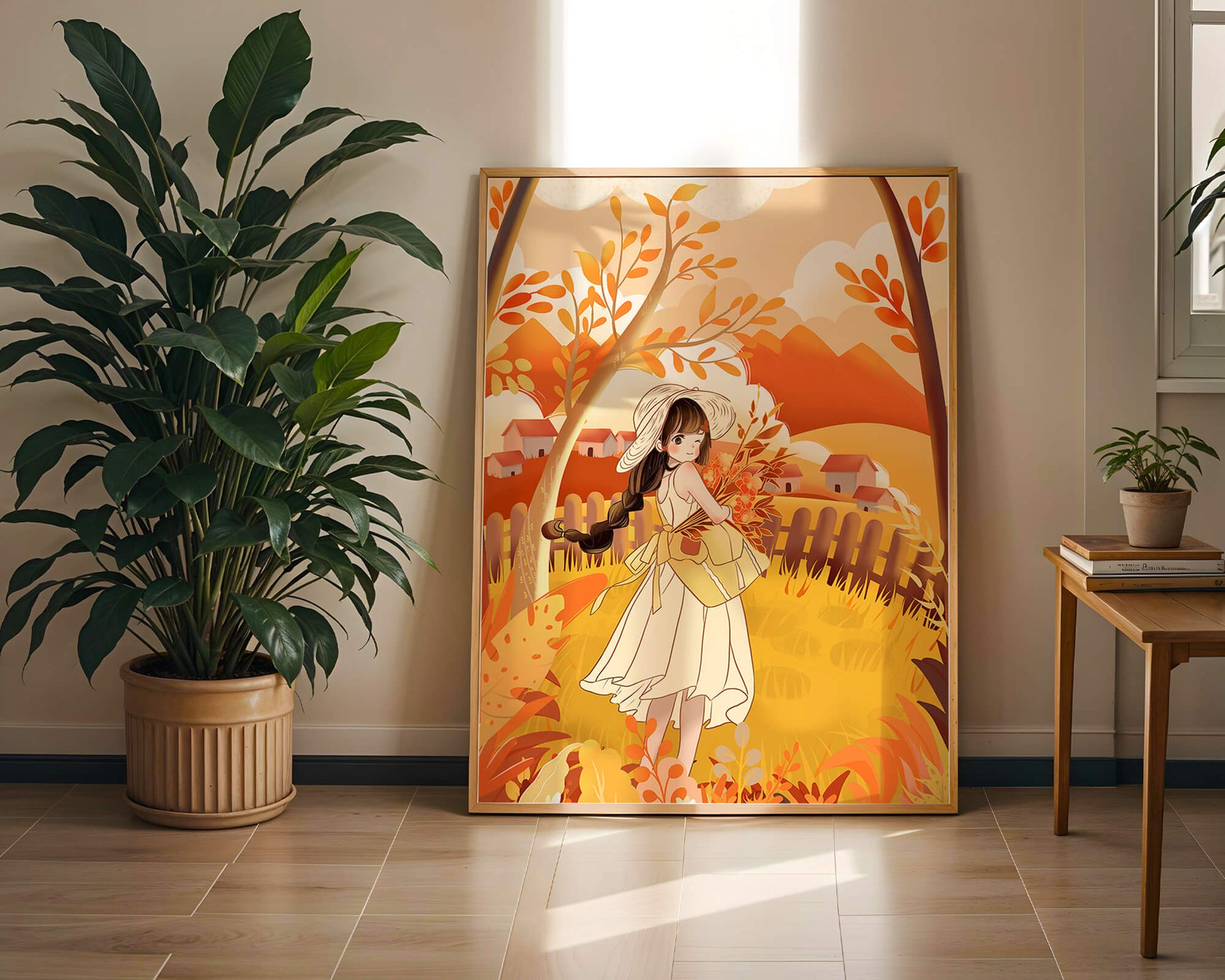 Illustration of a Girl in a Yellow Dress in Autumn Scenery