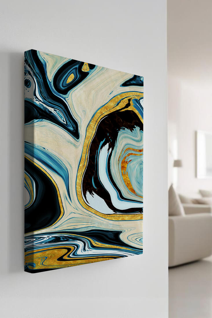 Abstract Marble Art with Gold Accents in Blue and Black Swirls