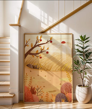 Autumn landscape illustration with apple tree and sunrise in a serene field