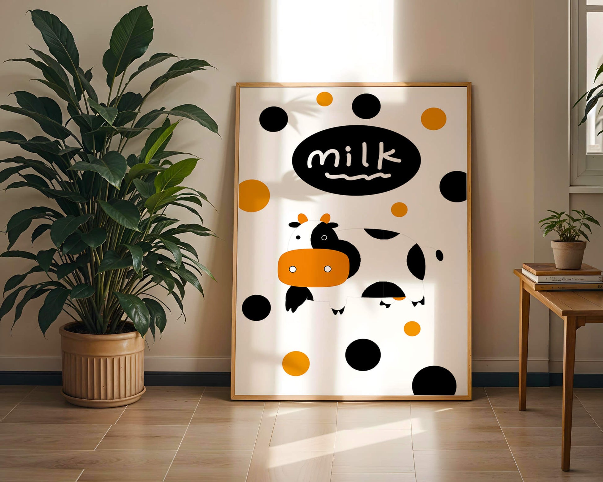 Illustrated cow with modern design and abstract elements