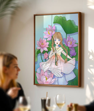 Illustration fantaisiste d'une jeune fille aux cheveux tressés parmi des fleurs de lotus
