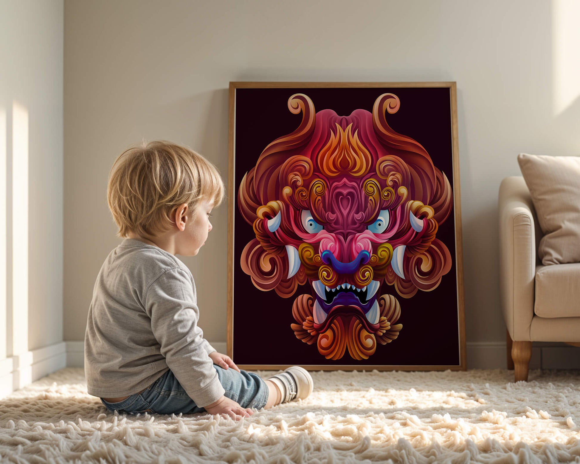 Intricate Colorful Dragon Face Illustration with Swirling Patterns