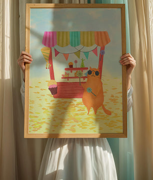 Gato ilustrado con gafas de sol en un puesto de dulces colorido
