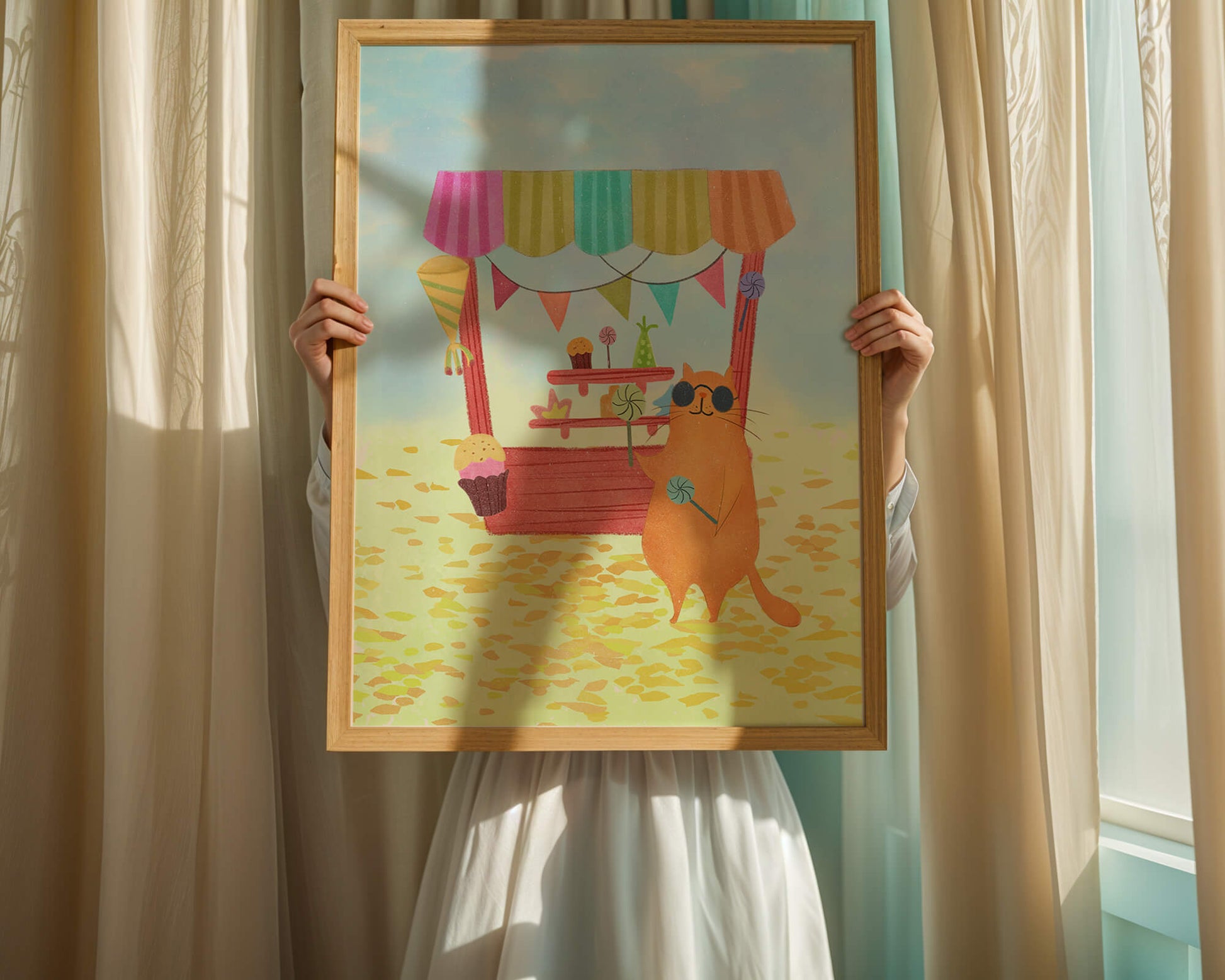 Illustrated Cat with Sunglasses at a Colorful Candy Stand