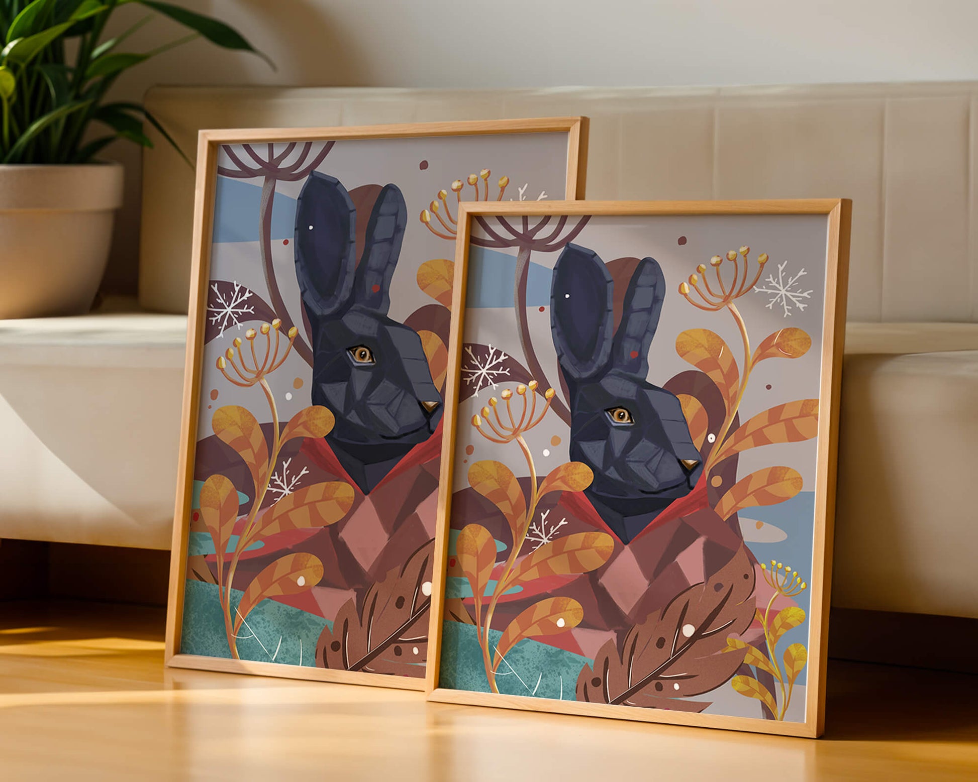 Abstract geometric rabbit in a vibrant autumn floral setting