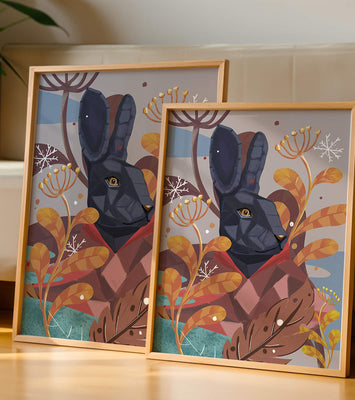 Abstract geometric rabbit in a vibrant autumn floral setting
