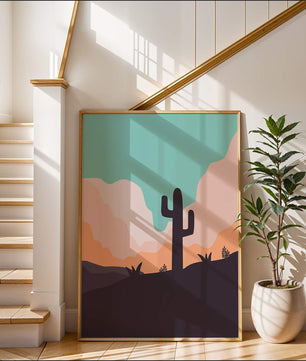 Abstract desert landscape with cactus silhouette at sunset