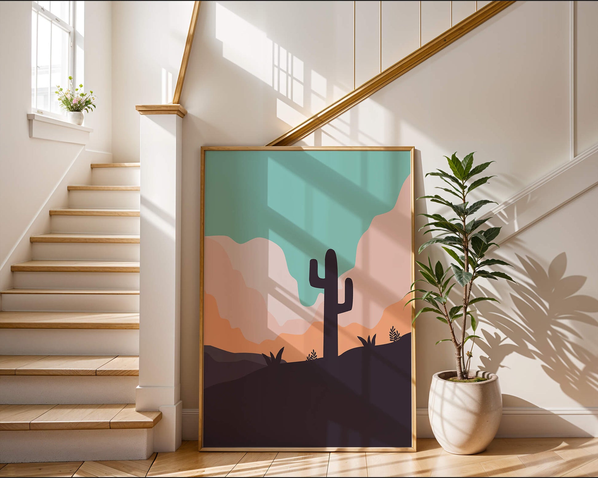 Abstract desert landscape with cactus silhouette at sunset