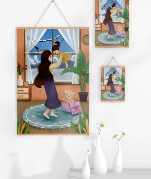 Mother and child bonding in a vibrant living room