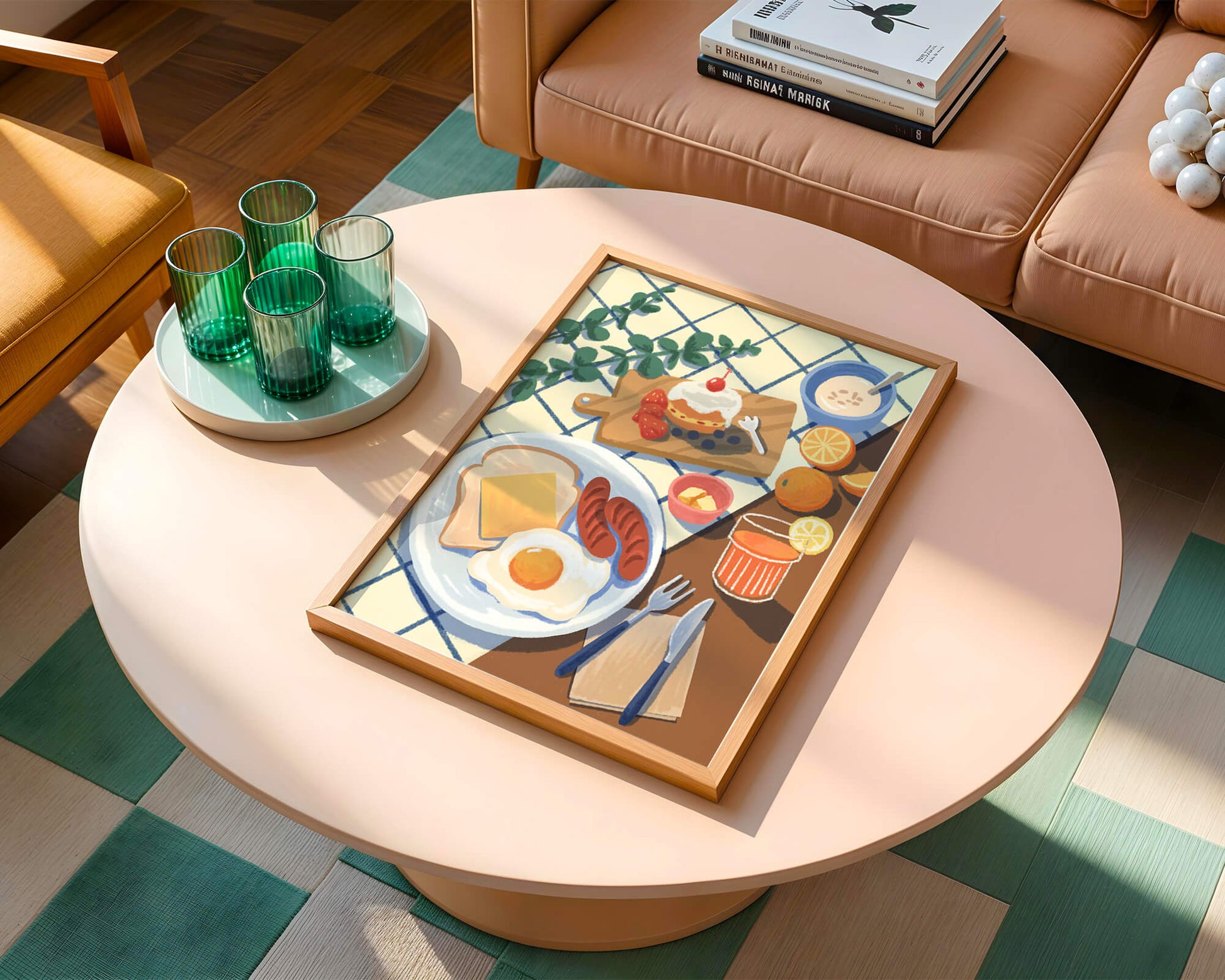 Escena de desayuno colorida con comida y bebida