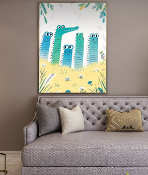 Illustration of Happy Cartoon Crocodiles in a Colorful Meadow - Mi tienda