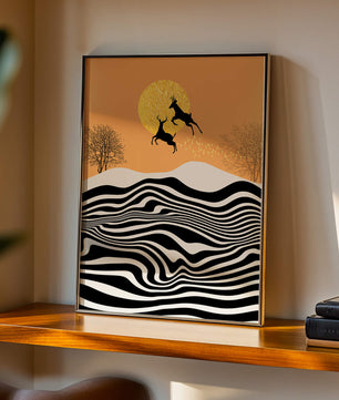 Abstract landscape with jumping deer and golden sun
