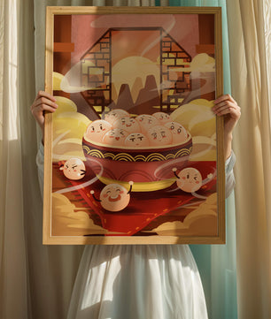 Dumplings de dibujos animados encantadores en un cuenco decorativo en medio de la niebla