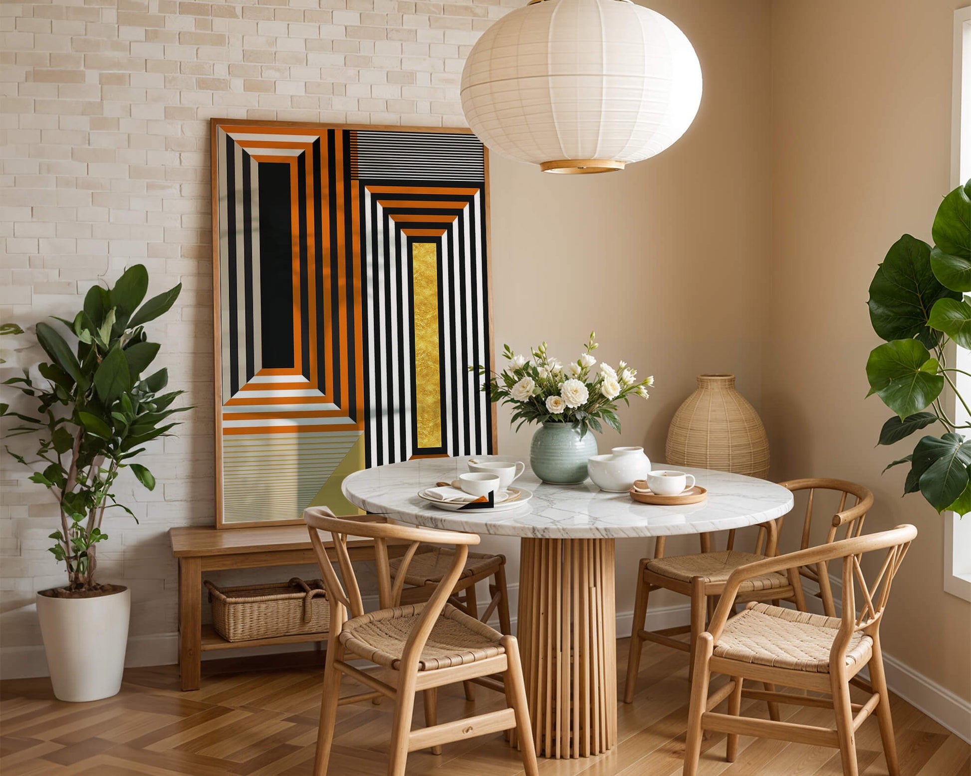 Geometric Abstract Art with Stripes and Gold Element in Orange, Black, and White