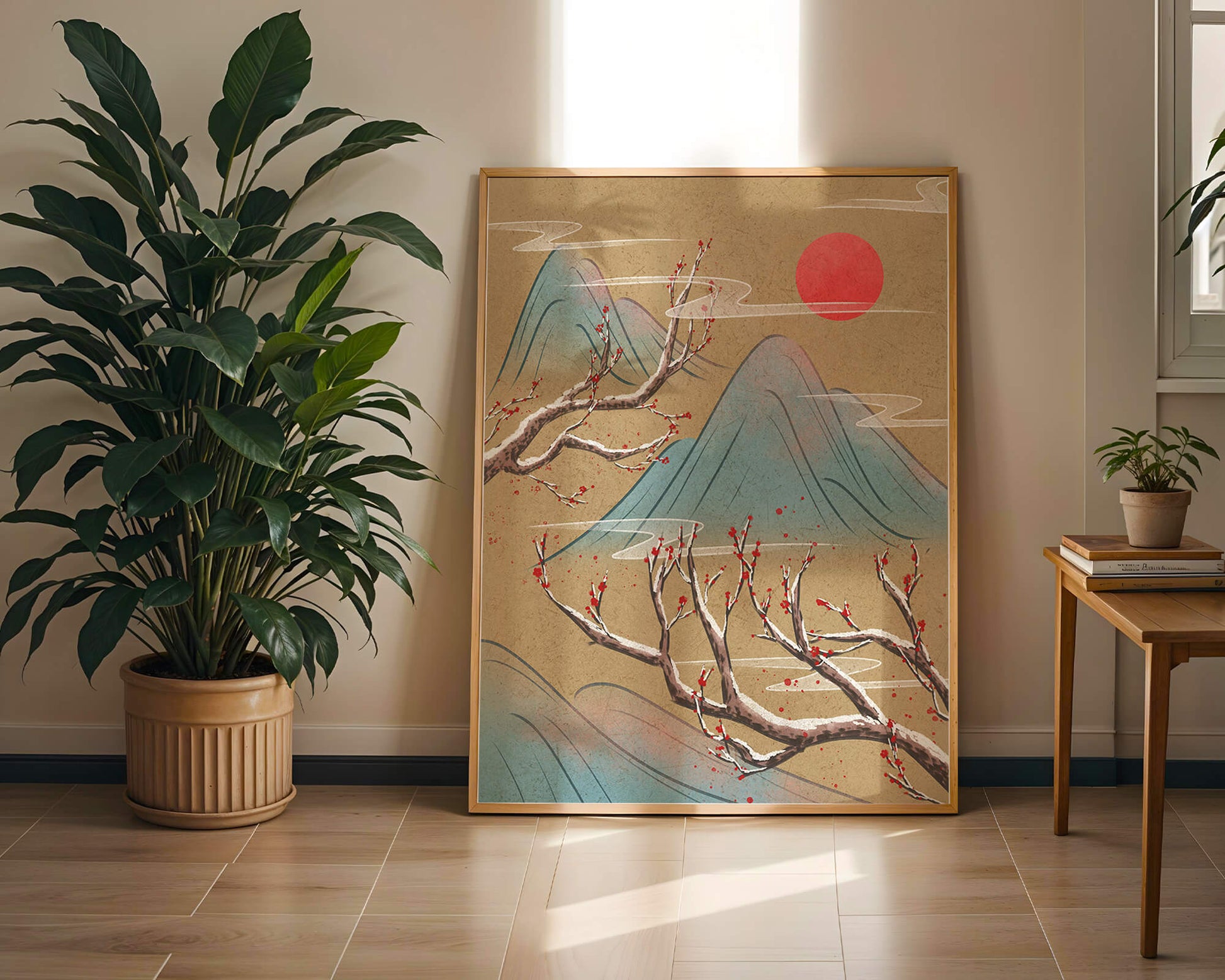 Tranquil landscape with cherry blossom and red sun