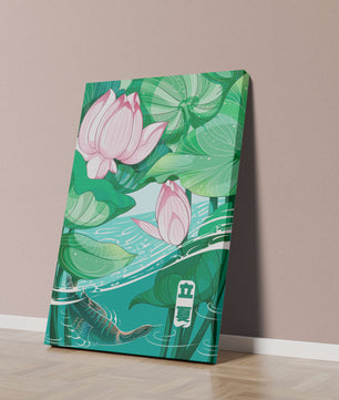 Illustration nature sereine avec fleurs de lotus et vie aquatique