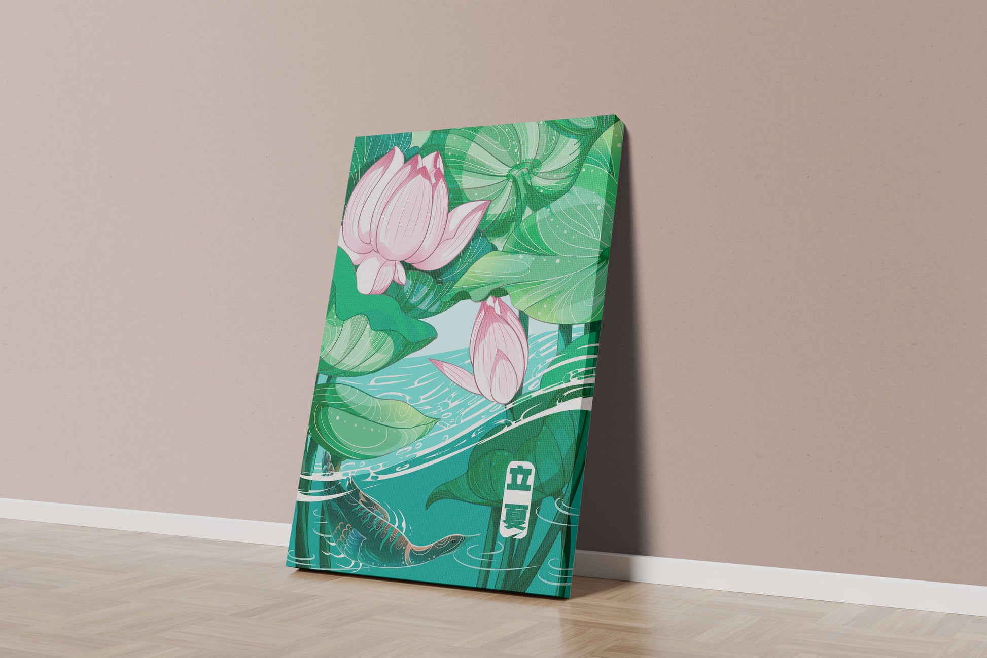 Ilustración de la naturaleza serena con flores de loto y vida acuática