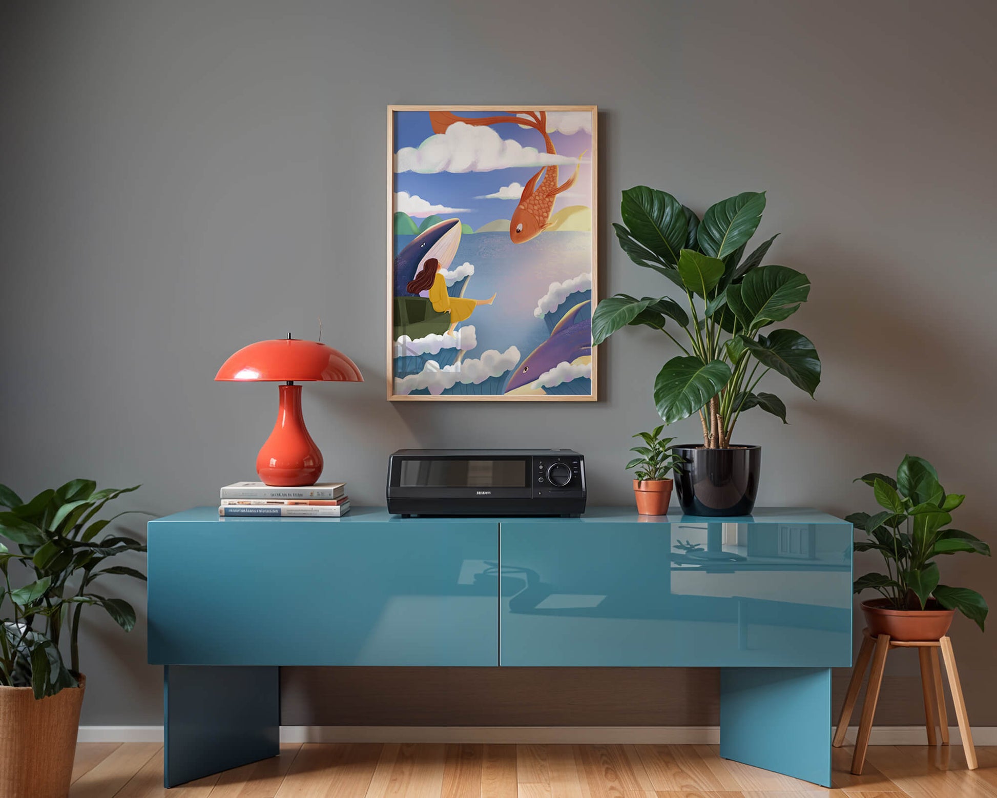 Dreamlike scene with marine life and floating figure in the sky