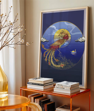 Phénix doré aux plumes éclatantes dans un décor marin mystique