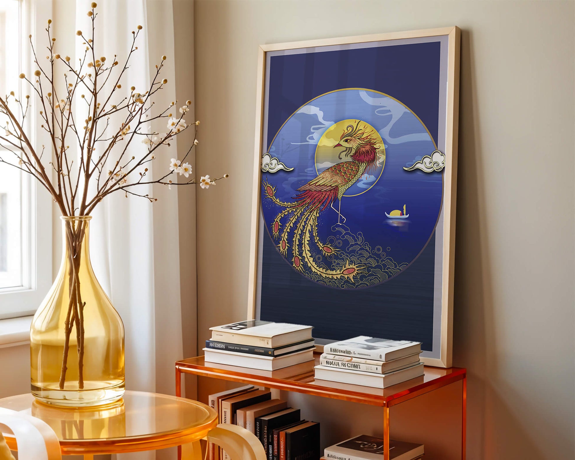 Golden Phoenix with Vibrant Feathers in Mystical Sea Setting