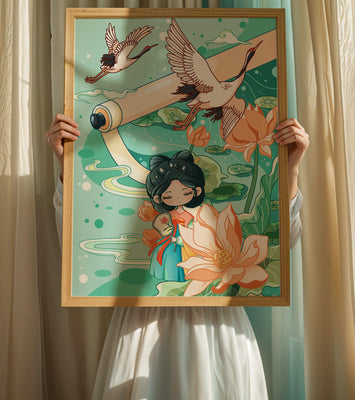 Serene Asian Art Illustration with Cranes and Lotus Flowers