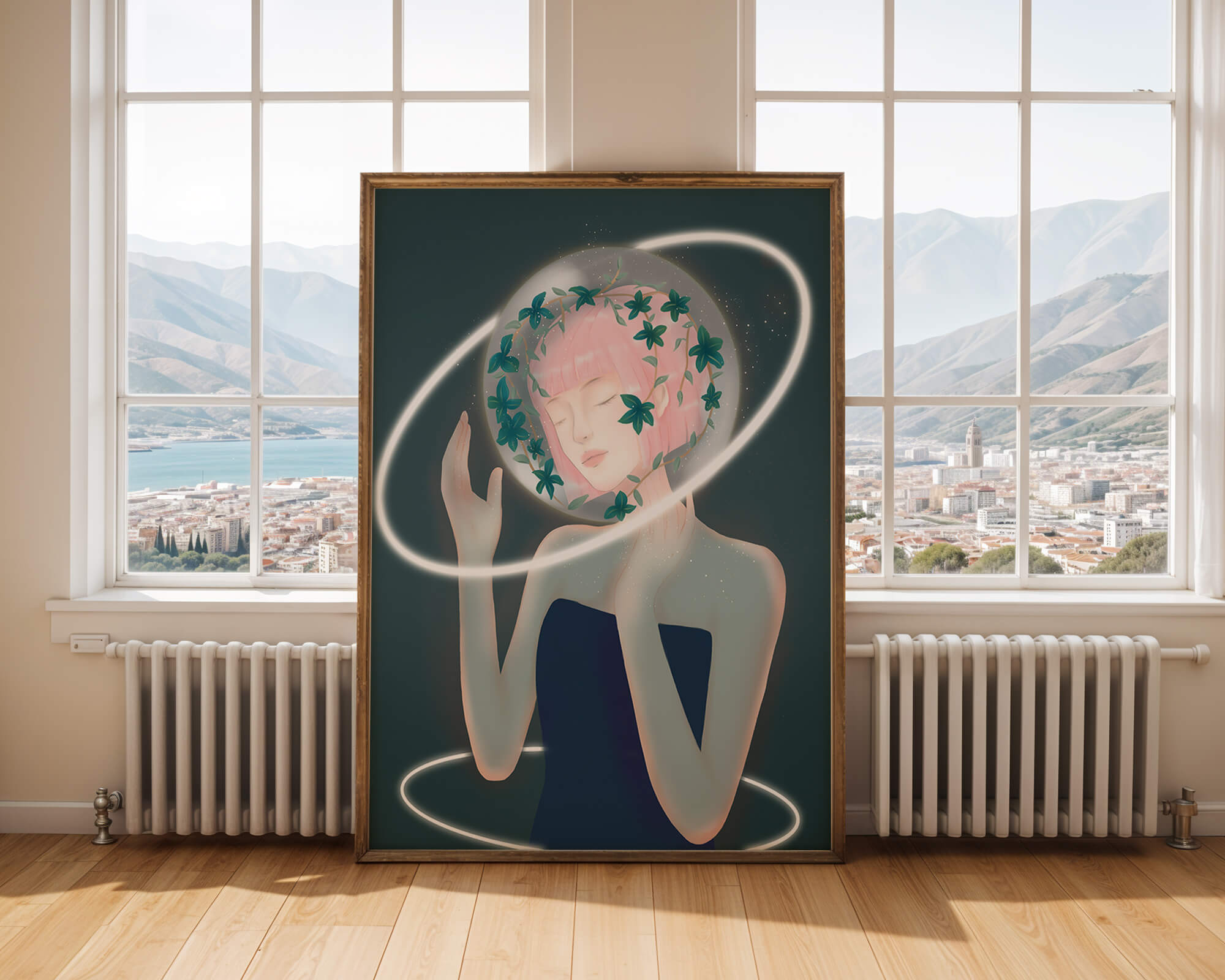 Dreamlike fantasy portrait with ethereal pink-haired figure