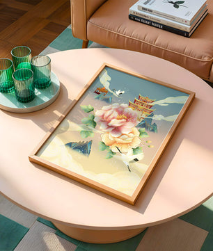 Elegant Asian Landscape With Pagoda, Cranes, and Peonies