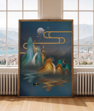 Paisaje abstracto con ciervo dorado y montañas en capas en una serena escena nocturna
