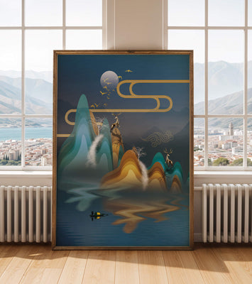 Abstract landscape with golden deer and layered mountains in serene night scene
