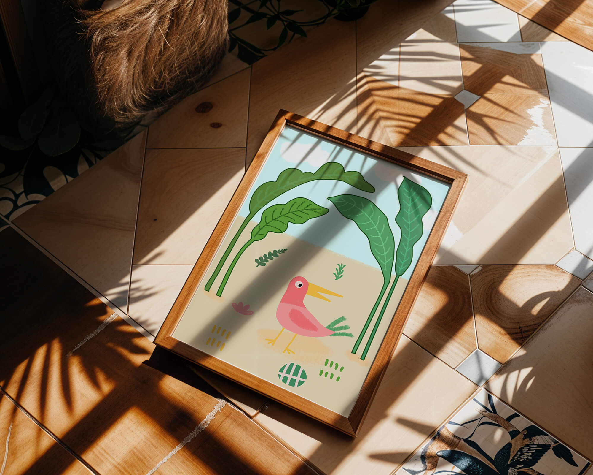 Colorful bird with large leaves and playful design
