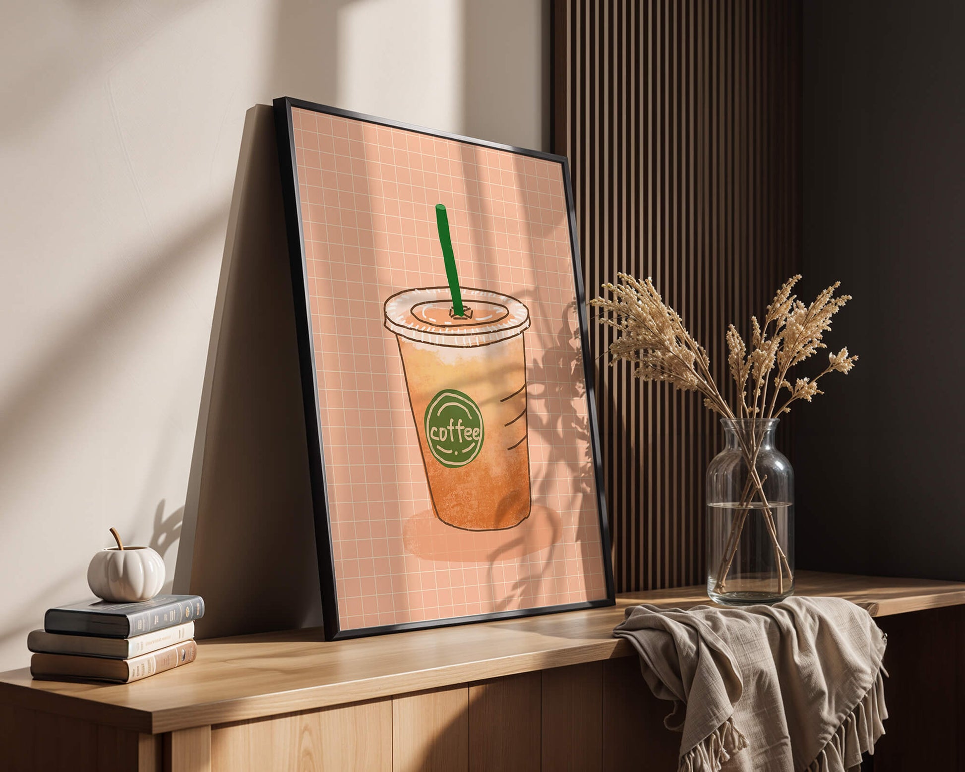Illustrated iced coffee cup on peach grid background