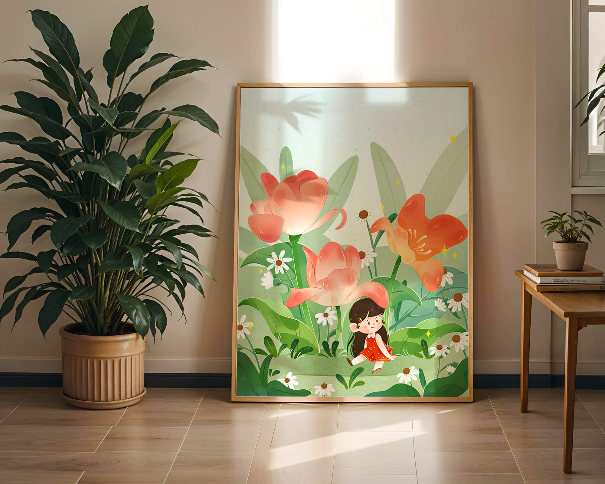 Charming floral garden with whimsical child illustration