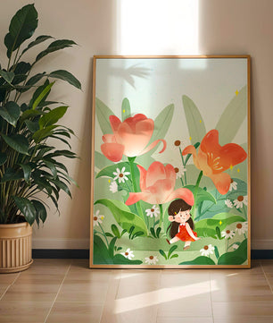 Encantador jardín floral con ilustración de niño caprichoso