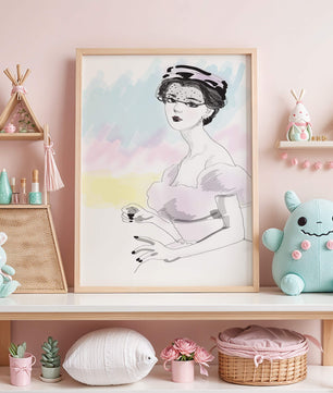 Elegant Woman in Vintage Fashion with Veil Hat and Pastel Background - Mi tienda