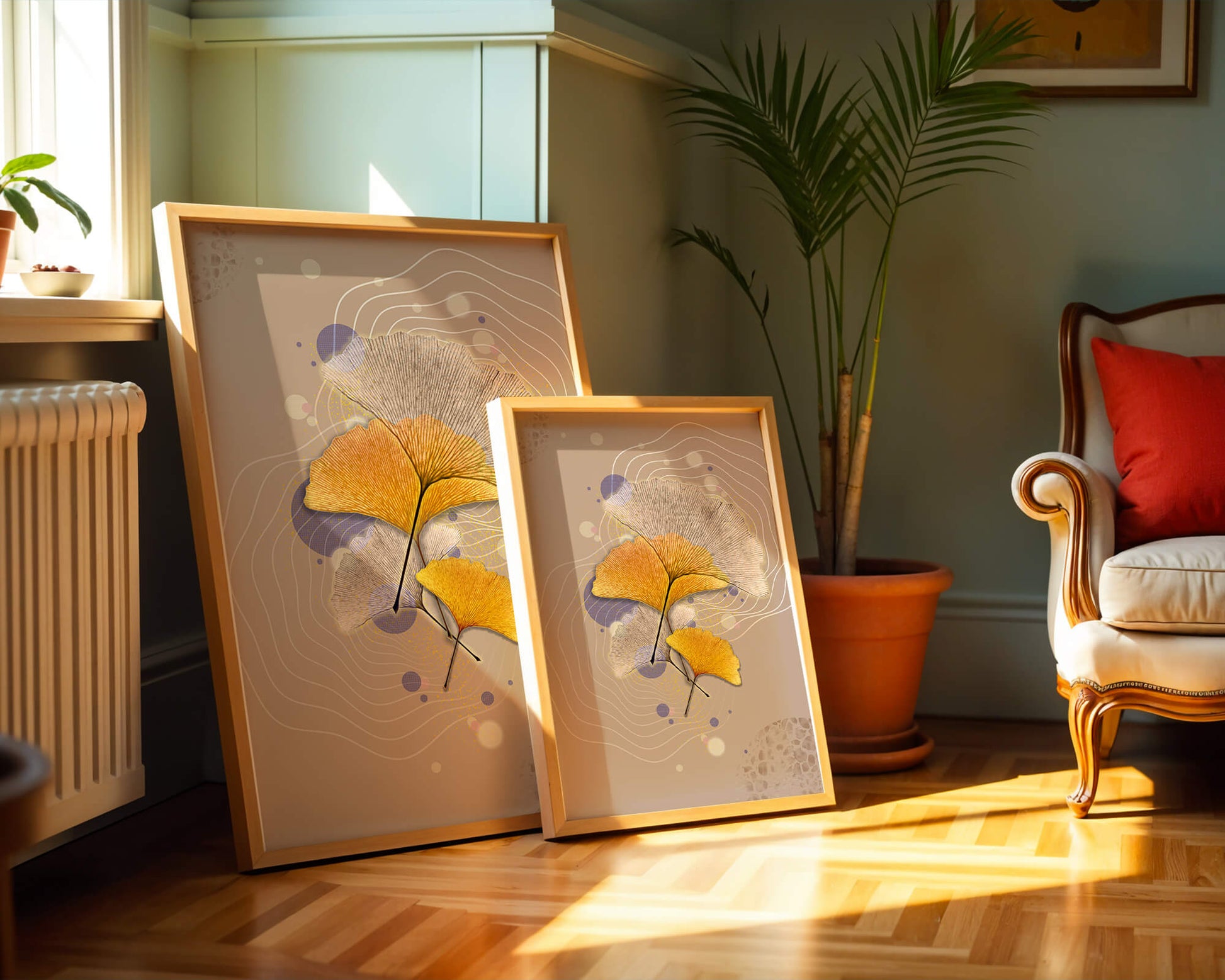 Elegant ginkgo leaves with abstract wavy and circular elements