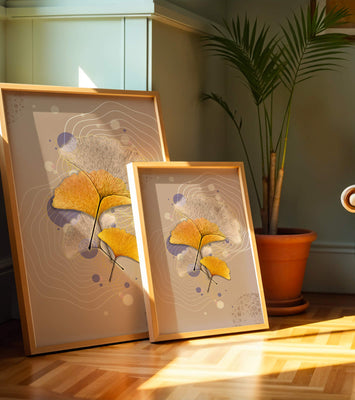 Elegant ginkgo leaves with abstract wavy and circular elements