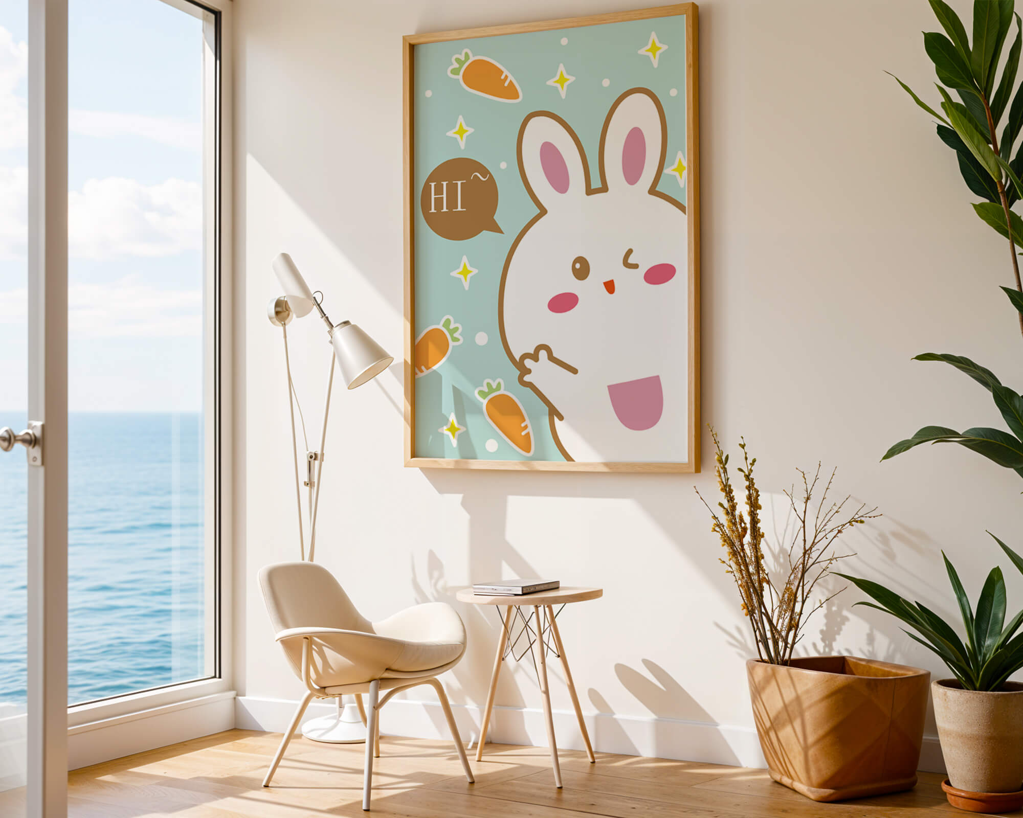 Playful cartoon bunny with carrots and stars on teal background
