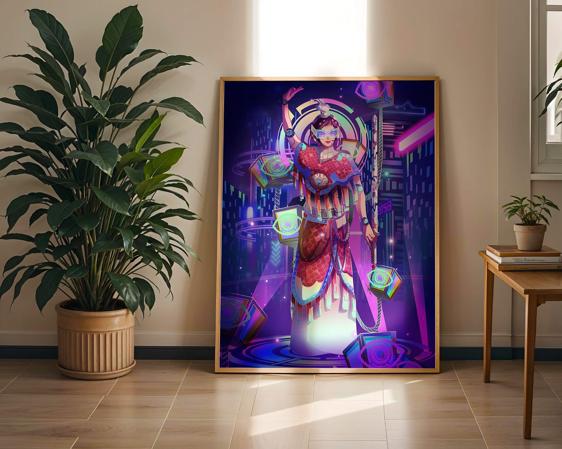 Futuristic warrior in vibrant neon cityscape with digital elements