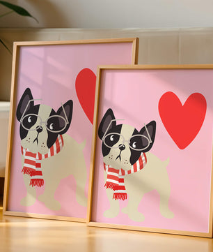 Ilustración juguetona de un bulldog francés con gafas y bufanda sobre fondo rosa con corazón