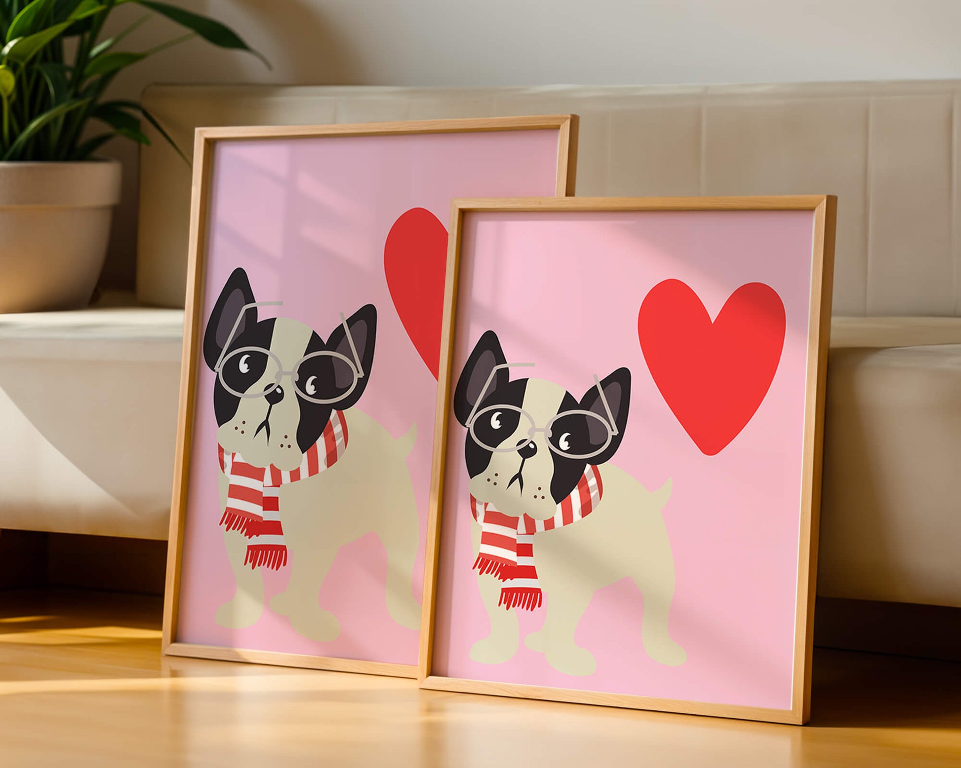 Ilustración lúdica de un bulldog francés con gafas y bufanda sobre fondo rosa con corazón